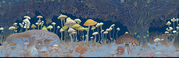 There are many different types of plants in this photo, underwater mushroom forest, psychedelic mushrooms dream, Mushroom forest, mushroom city, forest made of mushrooms, Cogumelos, Inspired by Yuko Shimizu, cogumelo trippy, psychedelic illustrations, mush...