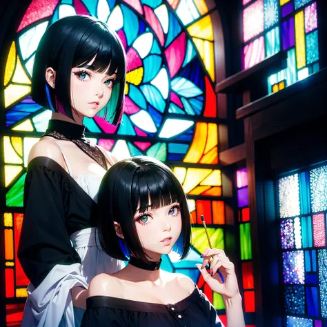 Beautiful girl with black hair bob cut expressed by stained glass、colourfull、Photorealsitic、highcontrast