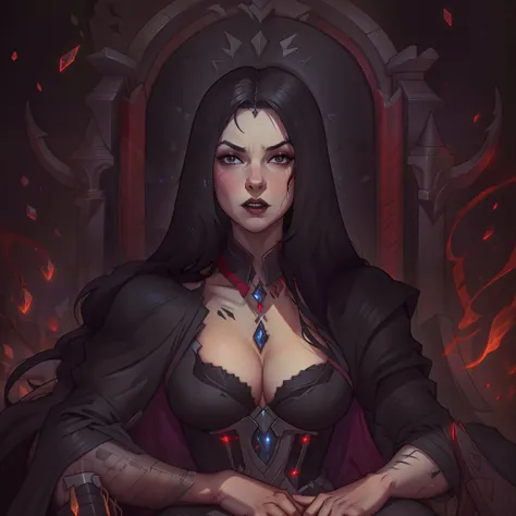 female vampire countess, evil, has long black hair, wearing regal black dress, sitting on throne