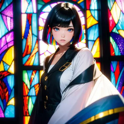 Beautiful girl with black hair bob cut expressed by stained glass、colourfull、Photorealsitic、highcontrast