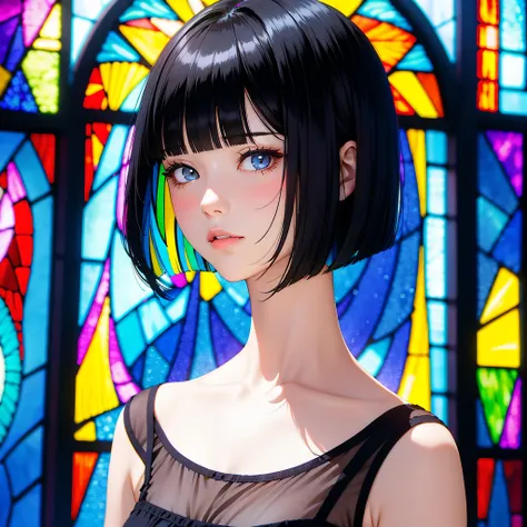 Beautiful girl with black hair bob cut expressed by stained glass、colourfull、Photorealsitic、highcontrast