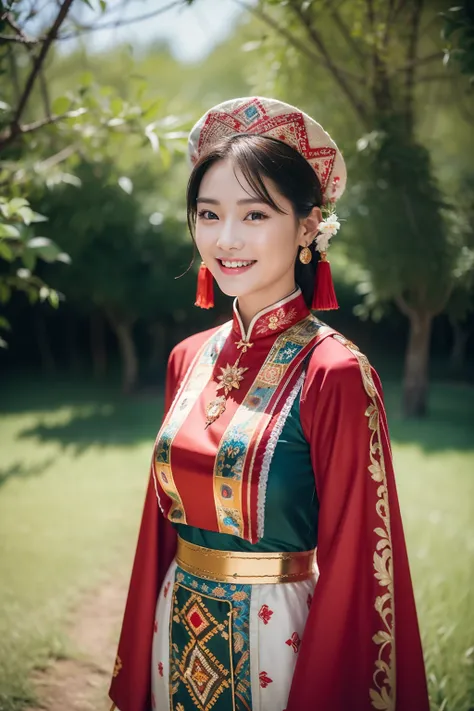 （8K分辨率，Vista full body photo），（1womanl，20yr old，（Facial features of Thai Aom：1.8，s delicate face），详细的脸，Redlip，Fair smooth skin，（Classic Hmong costume：1.4，（breastsout、The back is trimmed with floral cloth，The cuffs are multi-colored horizontal bars，Cardigan...