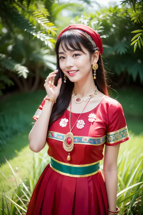 （8K分辨率，Vista full body photo），（1womanl，20yr old，（Facial features of Thai Aom：1.8，s delicate face），详细的脸，Redlip，Fair smooth skin，（Classic Hmong costume：1.4，（breastsout、The back is trimmed with floral cloth，The cuffs are multi-colored horizontal bars，Cardigan...