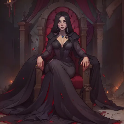 female vampire countess, evil, has long black hair, wearing regal black dress, sitting on throne