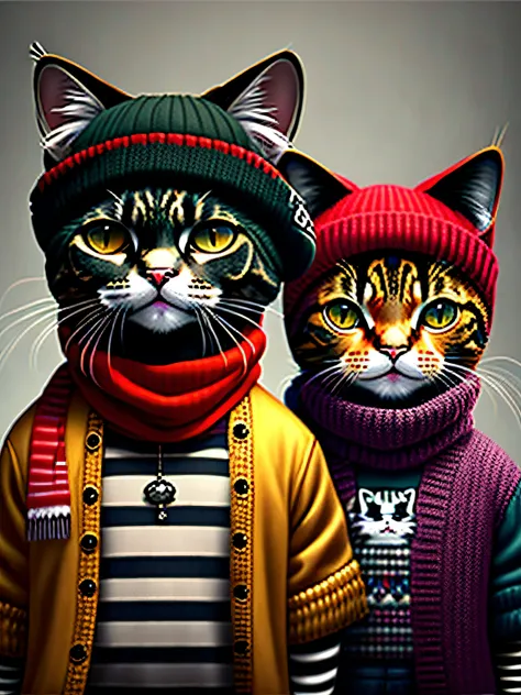 Pictures of cats wearing hats and scarves, art station trends, wearing punk clothes, ultra-realistic detailed rendering, English gang members, urban style, intimidating poses, cat planet, fashion clothing, urban warriors, meow meow, Western Slavic features...