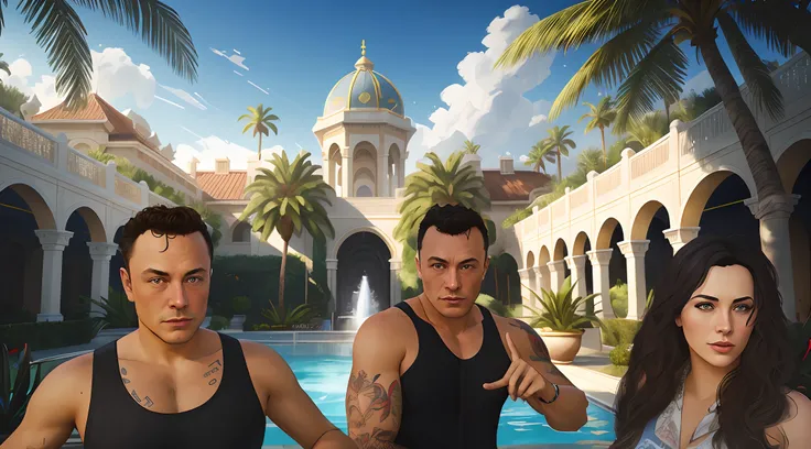 there are three people standing in front of a pool with a building in the background, style of gta v artworks, concept art like ernest khalimov, majestic masterpiece, mall background, arnold rendering, elon musk as a greek god, gta 5 cover art style, elon ...