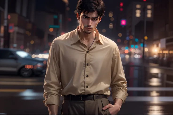 Ultra-realistic 8k image of a slim 25-year-old man, short black hair, dressed in a beige button-up blouse and beige pants, pensive expression, walking on a drizzled night