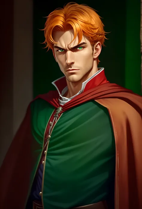 male, character Handsome man, (Green eyes: 2.4) 24 years old, Photorealistic stunning, (Short hair),red half cape over right shoulder,military green shirt, brown, Smooth skin, Unique color, Angry eyes, body full length, medieval uniform, orange blonde hair...