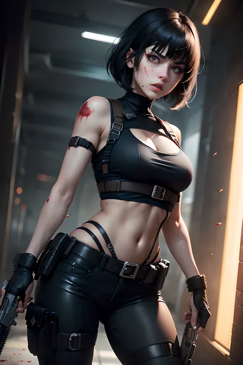 Resident Evil angry girl medium black hair with bangs black clothes holster holding gun, holding a dagger, Fighting, blood,