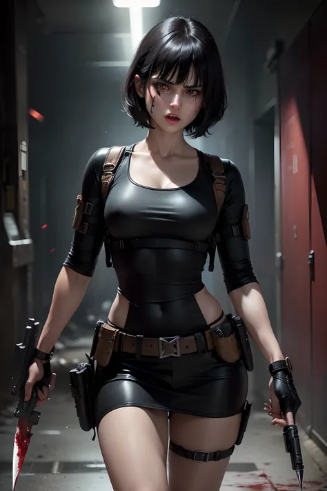 Resident Evil angry girl medium black hair with bangs black clothes holster holding gun, holding a dagger, Fighting, blood, guns, knife, blood