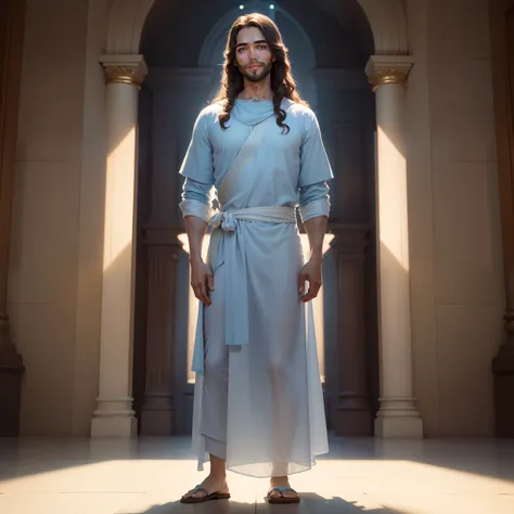 Original art quality, full body picture, Disney character animation style, young and handsome Jesus God, standing posture, hands naturally placed on both sides, looking ahead, gentle expression and smiling, eyes full of light, background light blue, transl...