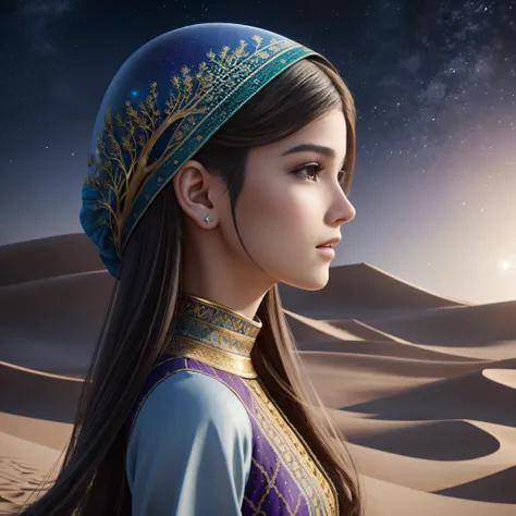 Beautiful Afghan girl, side view, Disney Pixar style, rotating, style, right side, desert -- auto -- s2、Fibonacci、the golden ratio、melted wax、Visible brush strokes、3D tessellation wireframe、neural graphic、neurons、The Tree of Life、Farbe、tenderness、passion、T...