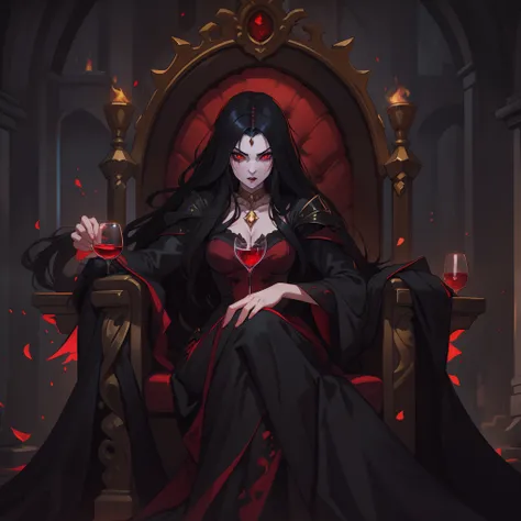 female vampire countess, evil, has long black hair, wearing regal gold lined black dress, sitting on throne, has red eyes, holding a wine glass full of blood