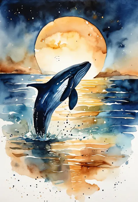 （（The fire light forms the silhouette of the whale）），（（Transparent whale with firefly effect）），（Shining with golden light），Floating on the surface of the sea，siluette，cleanness，nigth，People who want to look up，Wide-angle image，，super detailing，best qualtiy...