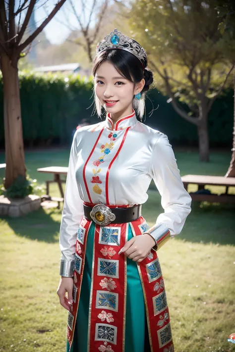 （8K分辨率，Vista full body photo），（1womanl，20yr old，详细的脸，Redlip，Fair smooth skin，（Classic Hmong costume：1.4，（Chest+The back is decorated with floral fabric，The cuffs are multi-colored horizontal strips，Cardigans，Short waist long version），Headband silver crown（...