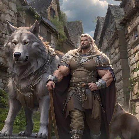 NORDIC MUSCLE, Rei, Montando um Lobo Gigante, Usando uma capa de pele, em uma cidade medieval, Full HD, detalhado, Ultra realista, detalhado, melhor qualidade, Full HD,