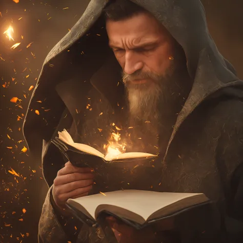 Strong man reading, face hidden, hooded, book luminous, meditating, around swords, swords, many books, super realistic, masterpiece, ((best quality, 8k)). All sharp, extremely sharp. --auto