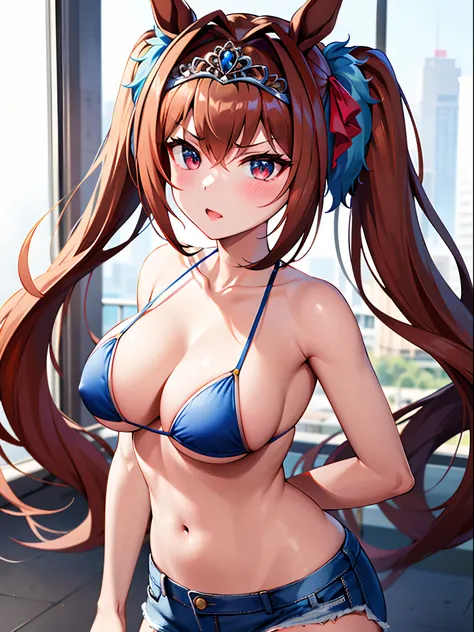 ​masterpiece, Best Quality，top-quality，{{{Daiwa Scarlet Umamusume}}}，{{{Twin-tailed}}}，very long twintails，horse ear，Brown hair，tiarra，{{{Tiara on the head}}}，Glaring at viewers，Fantastic backlighting，Red Micro Bikini，Blue denim，Big，女の子1人，Hold a pistol，{{T...