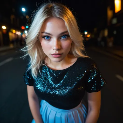 (selfie, top view: 1.4), (straight half of the body: 1.4), RAW UHD portrait photo of a 24-year-old blonde (blue-eyed woman) walking down a dark alley, large breasts,, city at night, (skirt), (neckline), details (textures! , hair! , glitter, color!! , disad...