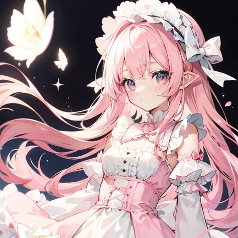 Light pink，Very smooth hair，Wearing a white and light pink Lolita，It looks light，Milky whine，Very cute，Has a gentle temperament，Its a cute girl