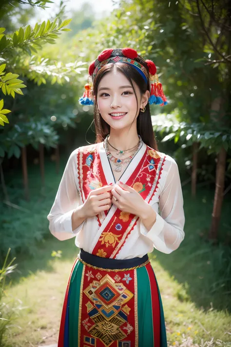 （8K分辨率，Vista full body photo），（1womanl，20yr old，（Facial features of Thai Aom：1.8，s delicate face），详细的脸，Redlip，Fair smooth skin，（Classic Hmong costume：1.4，（breastsout、The back is trimmed with floral cloth，The cuffs are multi-colored horizontal bars，Cardigan...