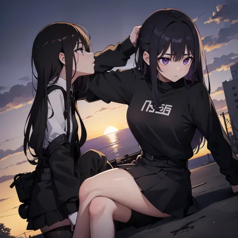 1girl, tactical black railed headset, purple eyes, black long messy hair, black plain tshirt, black tactical webbing, black short skirt, black tactical stockings, fixing hair, sitting, outside, sunset, half closed eye