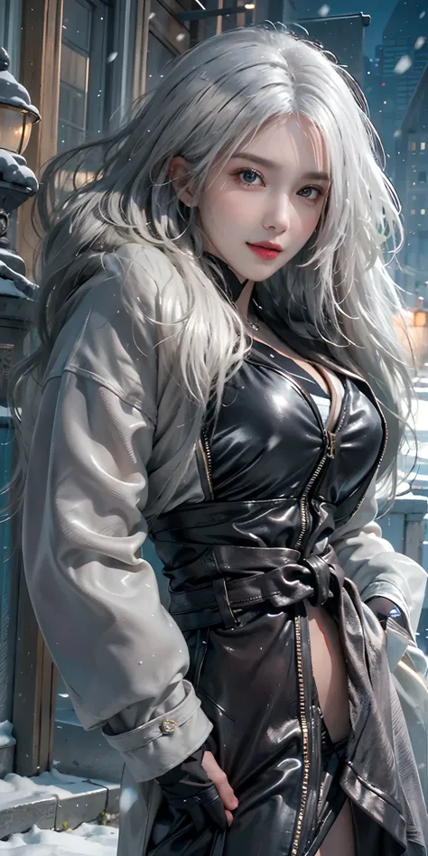 photorealistic, high resolution, soft light,1women, solo, hips up, shining skin, (detailed face),tattoo, jewelry, winter wear, coat, snow, night, white hair, wavy hair, Beautiful Soldier, Eyes That Invite Viewer, Lovers Perspective, Inviting Expression, Se...