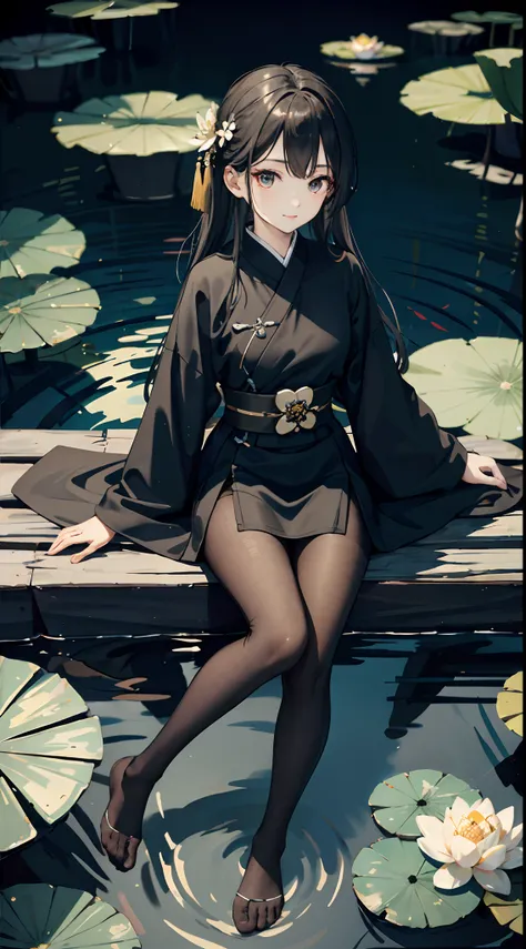 hoang lap，8K high resolution，ultra - detailed，（1girll：1.3），handpainted，Simple lines，16-year-old girl wearing black Chinese clothing，beuaty girl，In the lotus pond，tmasterpiece，Sit on a plank floating in the water，Floating hair，black pantyhoses，black pantyho...