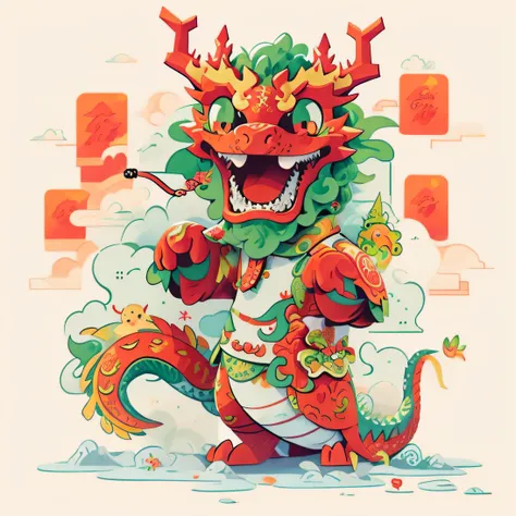 illustration of a red-nosed green-tailed dragon, smooth chinese dragon,chinese dragon concept art,  cyan chinese dragon fantasy,...