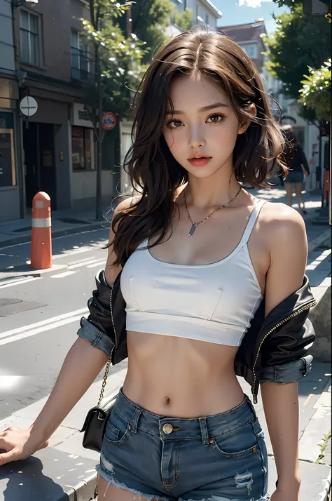 ((medium breast, tomboy girls, small head)), daylight, sunlight, (chiseled abs : 1.1), (perfect body : 1.1), (short wavy hair : 1.2) , auburn hair, collar, chain, full body shot, crowded street, wearing black tanktop, jeans jacket, ((shorts)), (extremely d...