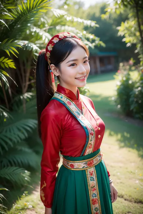 （8K分辨率，Vista full body photo），（1womanl，20yr old，（Facial features of Thai Aom：1.8，s delicate face），详细的脸，Redlip，Fair smooth skin，（Classic Hmong costume：1.4，（breastsout、The back is trimmed with floral cloth，The cuffs are multi-colored horizontal bars，Cardigan...