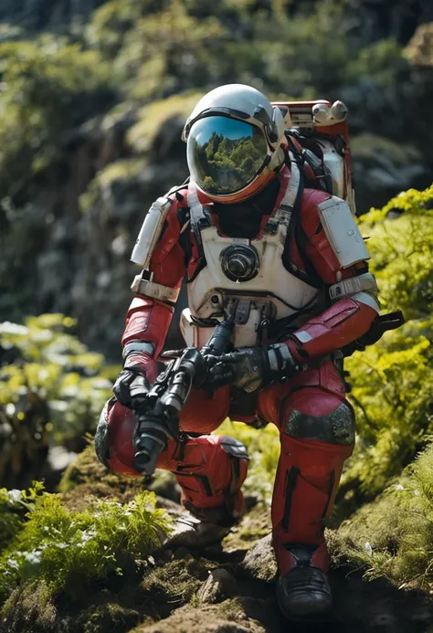 (35mmstyle:1.2), Highly detailed RAW color Photo, rear angle, full bodyesbian, af (Female space marine, Wearing a white and red spacesuit, futuristic helmet, Tin plated mask, Rebreathers, accentuated booty), Outdoors, (Stand on the cliffs of the tall Rocky...