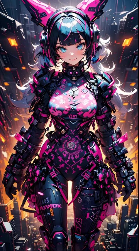 ((cyberpunked)),Optical camouflage、VR Goggles、Neon light、City of the Future、Glowing jumpsuit、(1girl in, Solo:1.6),(Cute smile),(Clothes are simple), (Best Impact:1.5), (maximalism:1.7), Vivid contrast, (Realistic), hyperrealistic illustrations, hight resol...