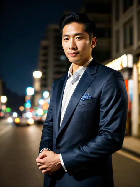 raw photo, man in clothes standing on the street at night, wearing a dark blue tailored jacket, 33-year-old korean, (high detail...