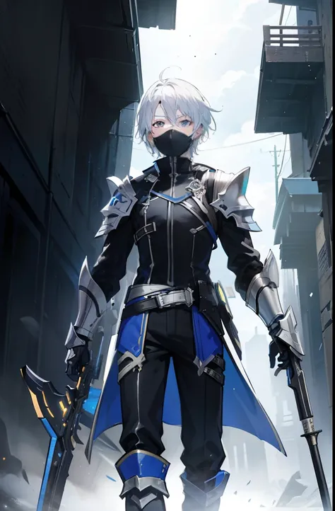 (masterpiece) In the virtual world of Sword Art Online GBO, a dynamic and epic scene unfolds as a boy with artfully styled white hair and a mysterious mask covering his face confidently strides through a dark dungeon. His attire consists of intricately des...