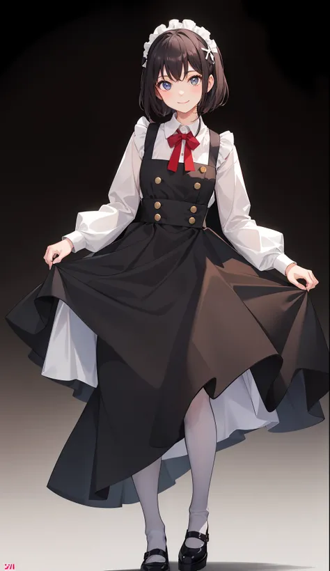 1girl in、A smile、A delightful!　The shirt、skirt by the、（small tits）pinafore、doress、hair adornments、（Maids）、