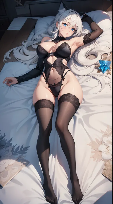 full bodyesbian，tmasterpiece，Best quality at best，offcial art，Very detailed CG 8k wallpaper，(flying petal)(detailed ice)，The crystal texture of the skin，Grim expression，(fox ear)，whaite hair，long whitr hair，messy  hair，eBlue eyes，Medium breasts，looking at ...