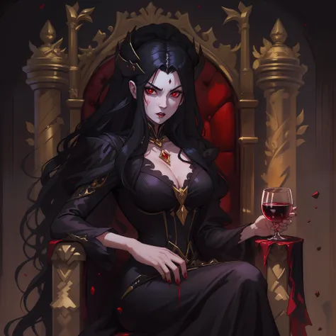 female vampire countess, evil, has long black hair, wearing regal gold lined black dress, sitting on throne, has red eyes, holding a wine glass full of blood