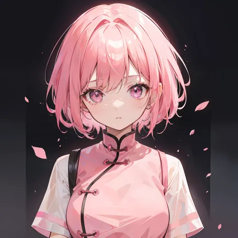 Short pink hair with a sense of transparency，Wearing a pink collar，Contemporary Chinese school uniform with pink edge，It seems to be a very light sweet girl