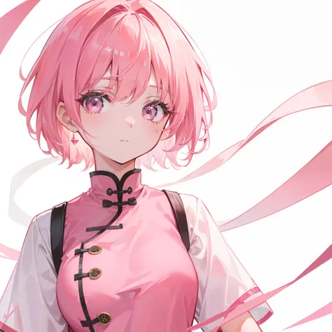 Short pink hair with a sense of transparency，Wearing a pink collar，Contemporary Chinese school uniform with pink edge，It seems to be a very light sweet girl