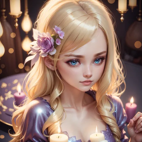 Blonde girl holding enchanted candle, vela com glitter, cor pastel, hiper realista, cabelo loiro, super realista.