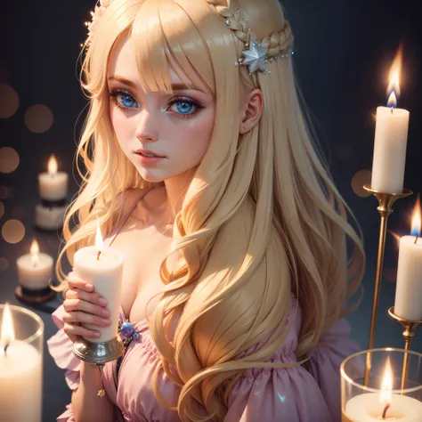 Blonde girl holding enchanted candle, vela com glitter, cor pastel, hiper realista, cabelo loiro, super realista.