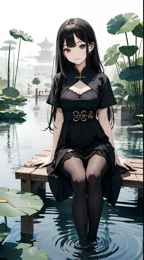 hoang lap，8K high resolution，ultra - detailed，（1girll：1.3），handpainted，Simple lines，16 year old girl in black Chinese dress，beuaty girl，In the lotus pond，tmasterpiece，Sit on a plank floating in the water，Floating hair，black pantyhoses，black pantyhoses，look...