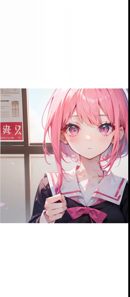 Short pink hair with a sense of transparency，Wear a pink collar，"Contemporary Chinese School Uniform" with pink edge，Like a very light sweet girl，The picture shows "School uniforms in contemporary China."