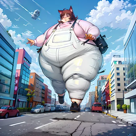 GTS, Giantess, cat ears, light frown, looking down, sky, loose pink sweater, white overalls, blocking sun, boat shoes, immobile, burp, brown hair, short hair, curly hair, stomping, destruction, building collapsing,