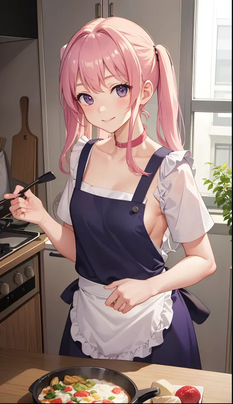 1girl in、A smile、Cooking in your room、barechested、Wearing only an apron、（（small tits））、