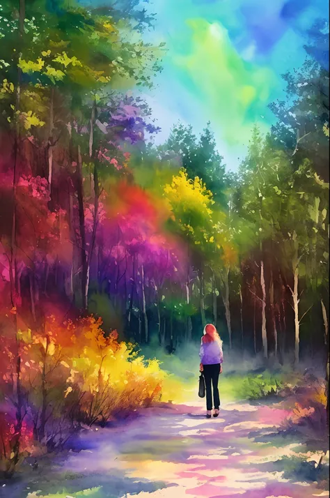 Watercolor place with lots of brightness and rainbow light woman listening to music in the forest