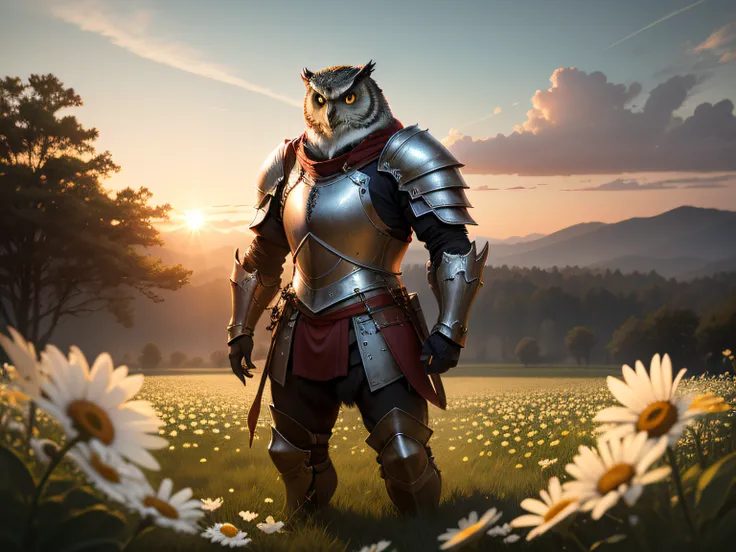 ferocious owl-bear paladin in full plate armor standing in a field of daisies with the sun setting