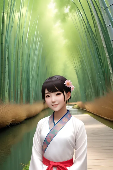 (Masterpiece), Top Quality, Excellent Anatomy, Shuimovi Sim, (1 Girl: 1), (Upper Body), (Smile), Short Hair, (Hanfu), (Etch 0.5), (Wood: 0.5), (Flower: 0.6), (Wooden House: 0.2), (Bamboo Forest: 0.2), (Stream: 0.2), (River: 0.2),