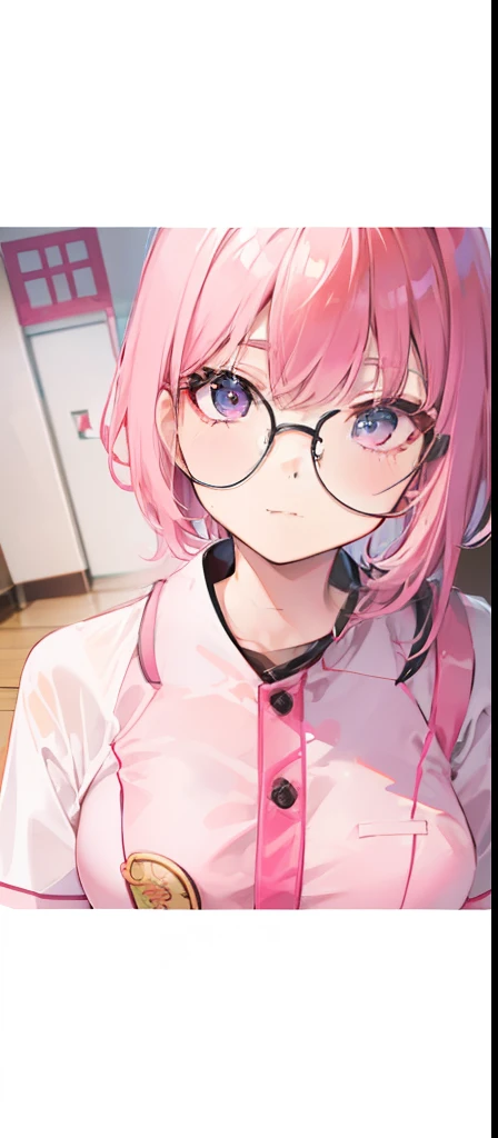 Short pink hair with a sense of transparency，Wear a pink collar，"Contemporary Chinese school uniforms" With pink edges，Like a very light sweet girl，As shown in the image "School uniforms in contemporary China."